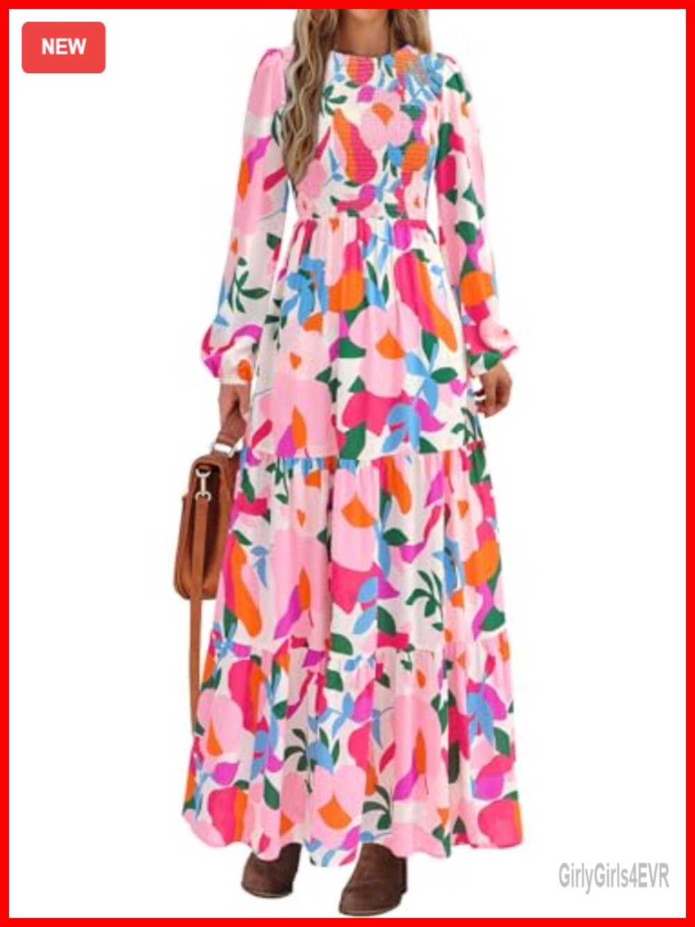 Women's Long Sleeve Floral Maxi Dress Smocked Boho Fall Casual